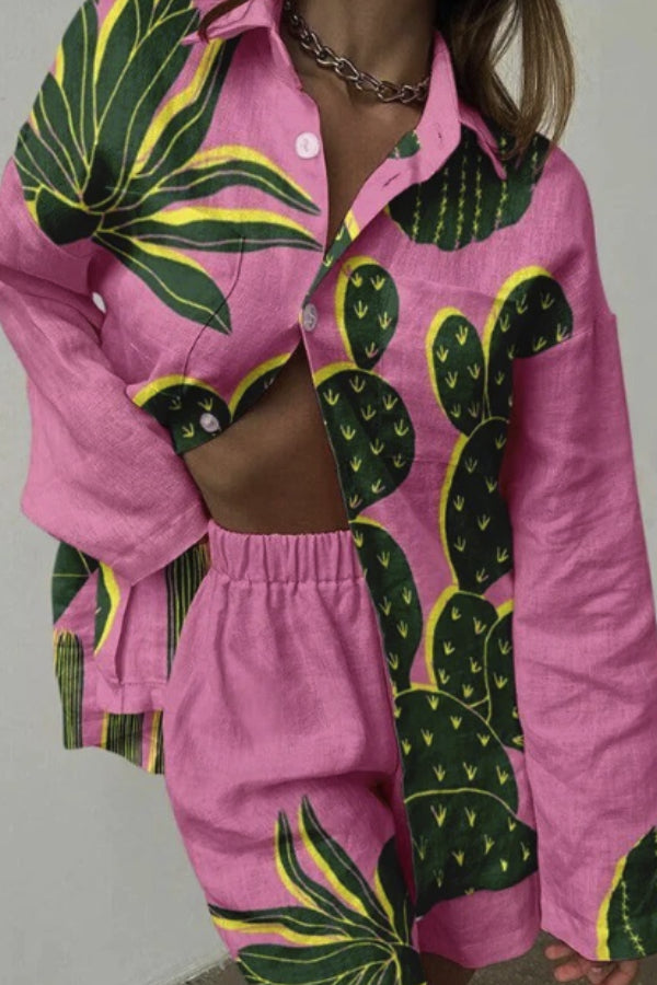 Digital Printing Fashion Women's Loose Printing Long Sleeve Shirt + Shorts Set CZ1726