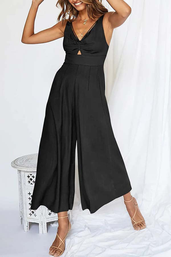 2023 SUMMER V NECK CUTOUT ADJUSTABLE STRAPS WIDE LEG JUMPSUITS Black