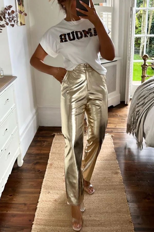 Funky Fun Design Metallic Fabric Pocket Stretch Straight Pants Gold