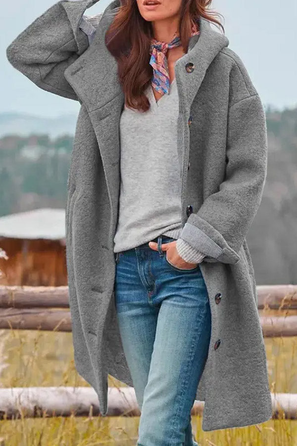 Casual Loose Solid Color Hooded Single-breasted Woolen Coat Grey