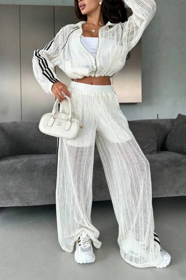 Casual Sporty Hollow Knit Stripe Cropped Jacket & Wide‑Leg Pants Two‑Piece Set