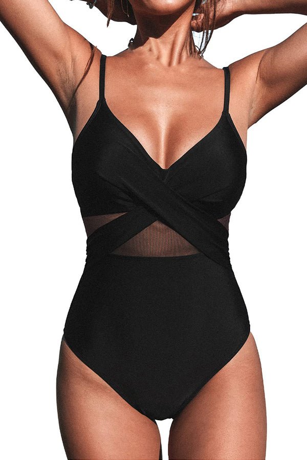 Printed Cross Cutout One-Piece Swimsuit Black