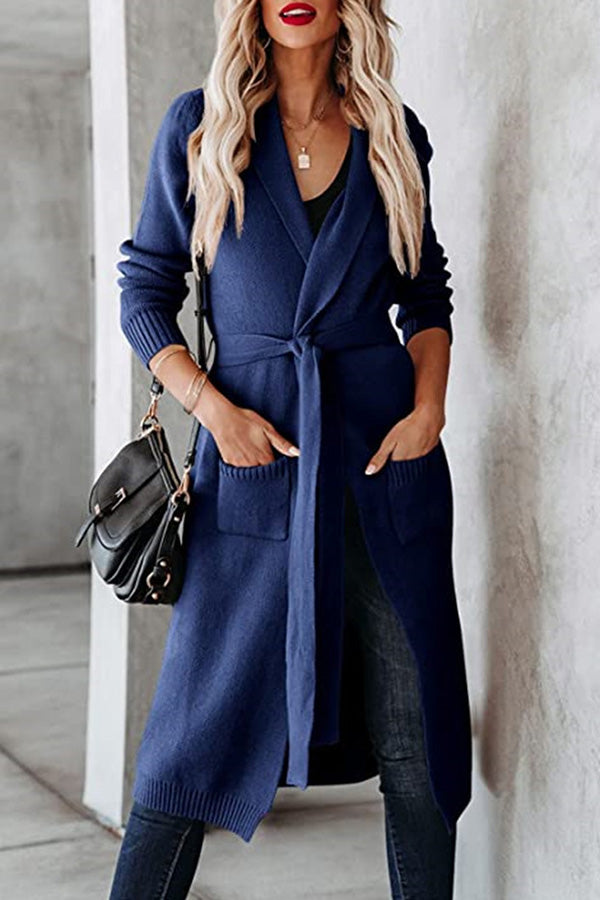 Knitted Tie Lapel Cardigan Sweater Jacket Blue
