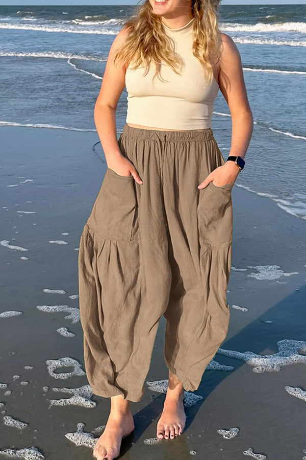 Diani Linen Blend Drawstring Waist Pocketed Loose Pants Khaki