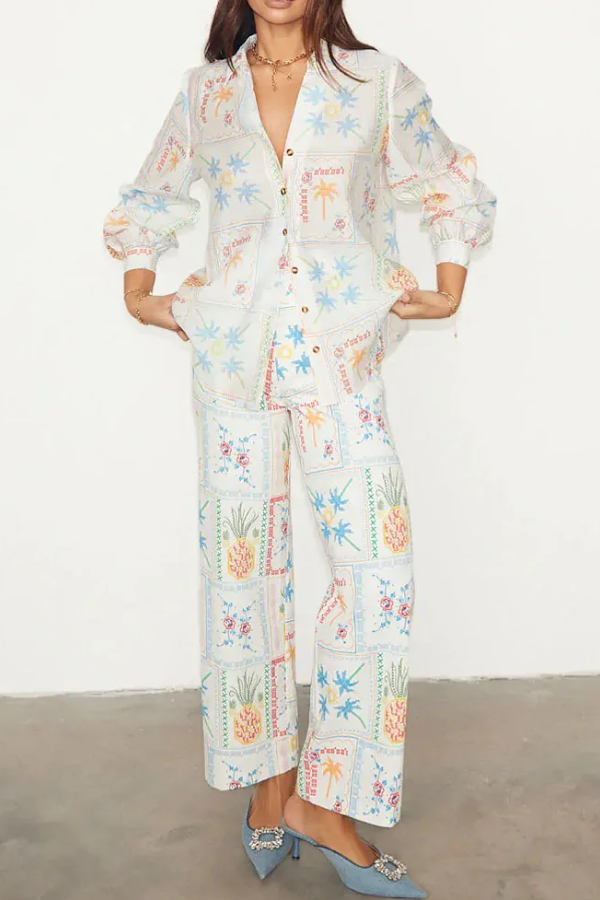 Holiday Coconut Tree Pineapple Print Shirt & Pants Two-Piece Set White
