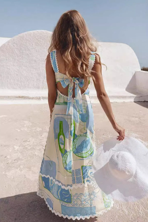 Fashion Linen Print Sexy Backless Bow Tie Midi Dress
