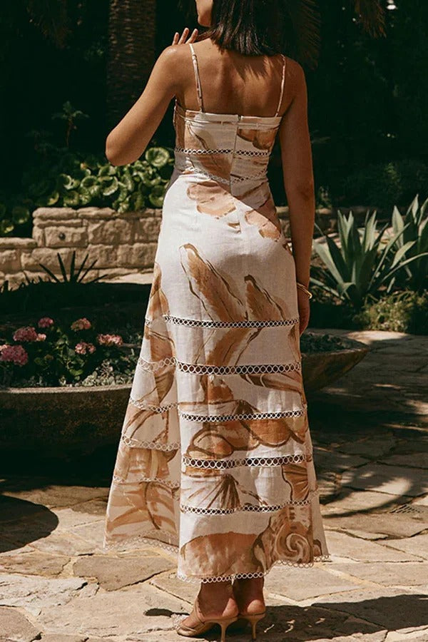 Daje Linen Blend Unique Print Round Hollow Trim Tie-up Bust Slip Maxi Dress