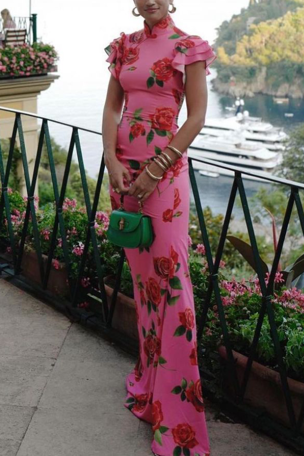 Cheongsam Style Rose Floral Print Tiered Flare Sleeve Stretch Maxi Dress Pink