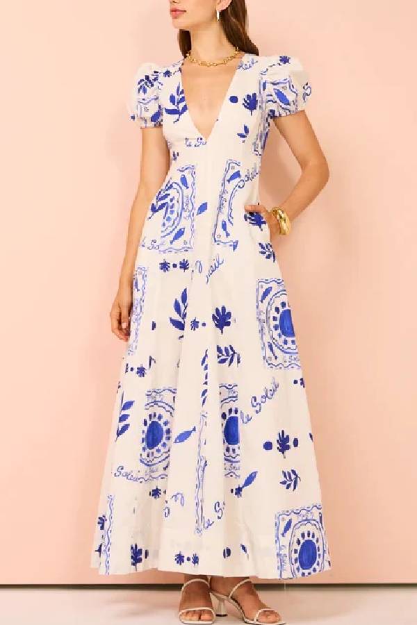 Embrace The Glamour Linen Blend Unique Print Puff Sleeve Pocketed Maxi Dress Blue
