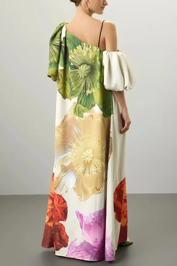 Floral Print Slant Collar Puff Sleeves Loose Holiday Maxi Dress