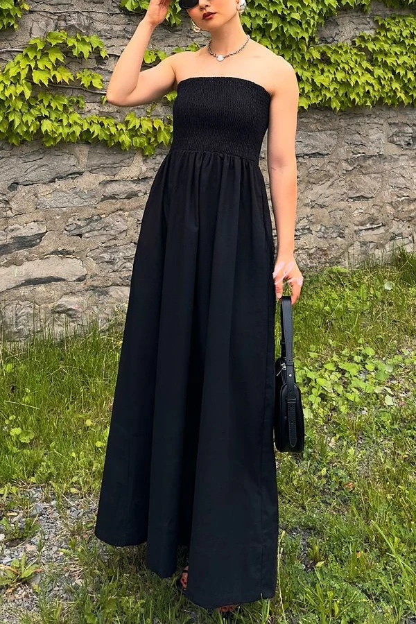 Retro Sleeveless Off-shoulder Elastic Pleated Maxi Dress Black