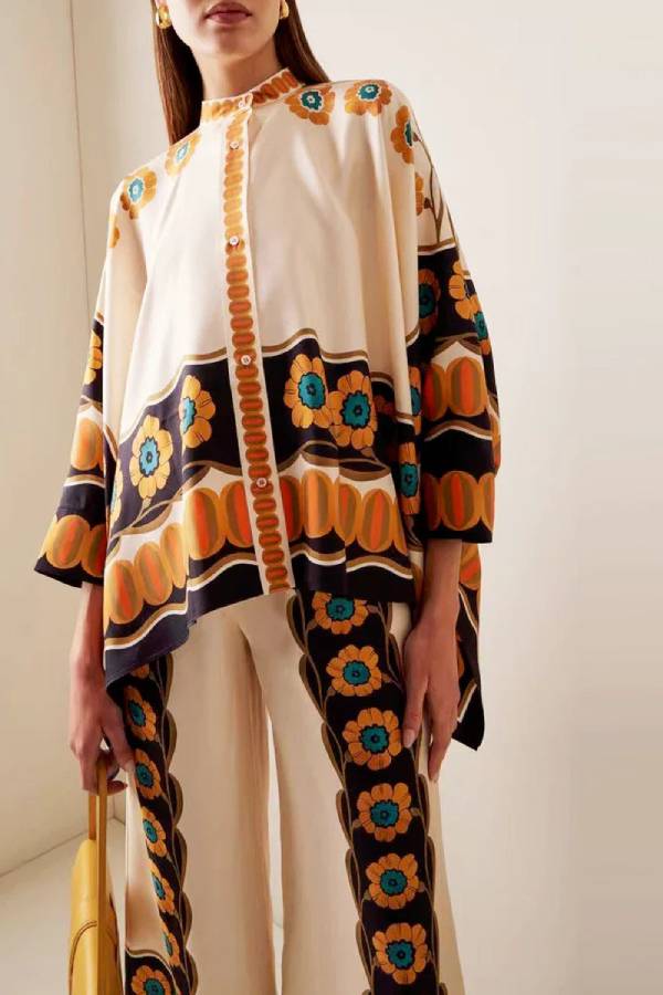 Fine Satin Floral Print Batwing Sleeve Pants Set - Yellow Yellow One Size