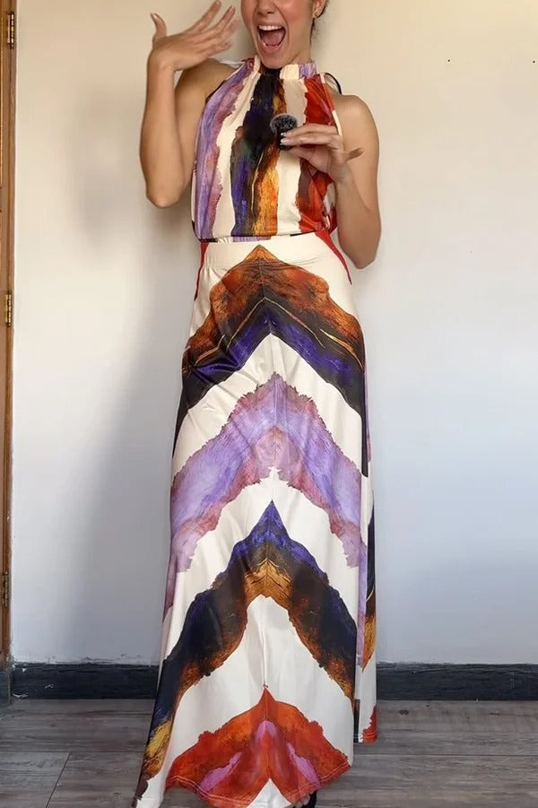 Unique Print Sleeveless Stretch Stand Collar Top and Elegant Maxi Skirt Set