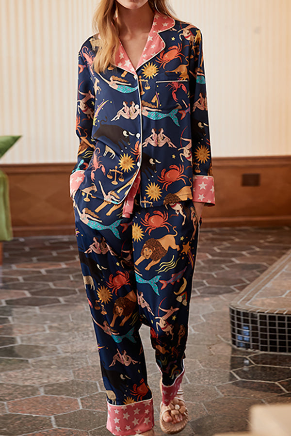 Blue Constellation Printed Home Long Sleeved Two-piece Set Blue