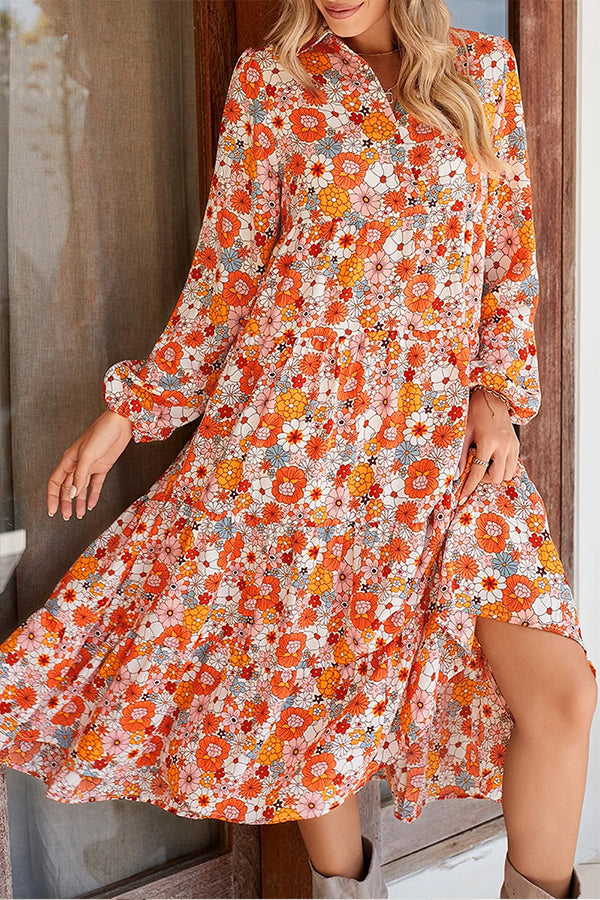 Boho Floral Collared Long Sleeve Dress Orange
