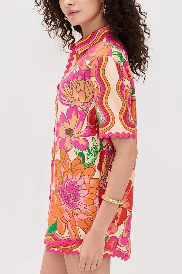 Neima Unique Print Wave Trim Button Up Short Sleeve Shirt and Elastic Waist Pocket Loose Shorts Set