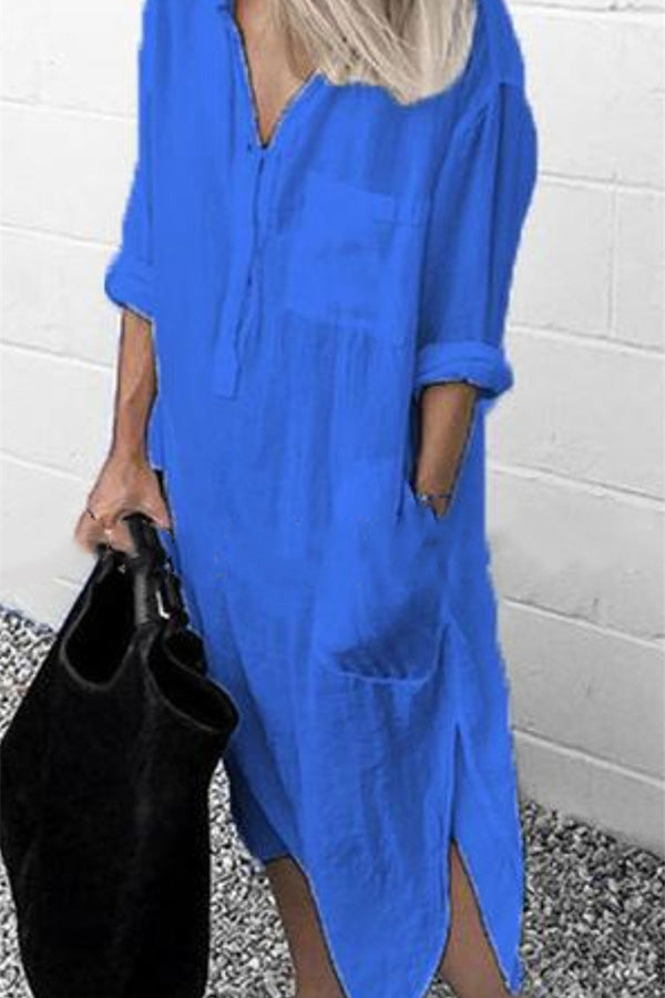Elegant Solid Color Slit Shirt Dress Blue