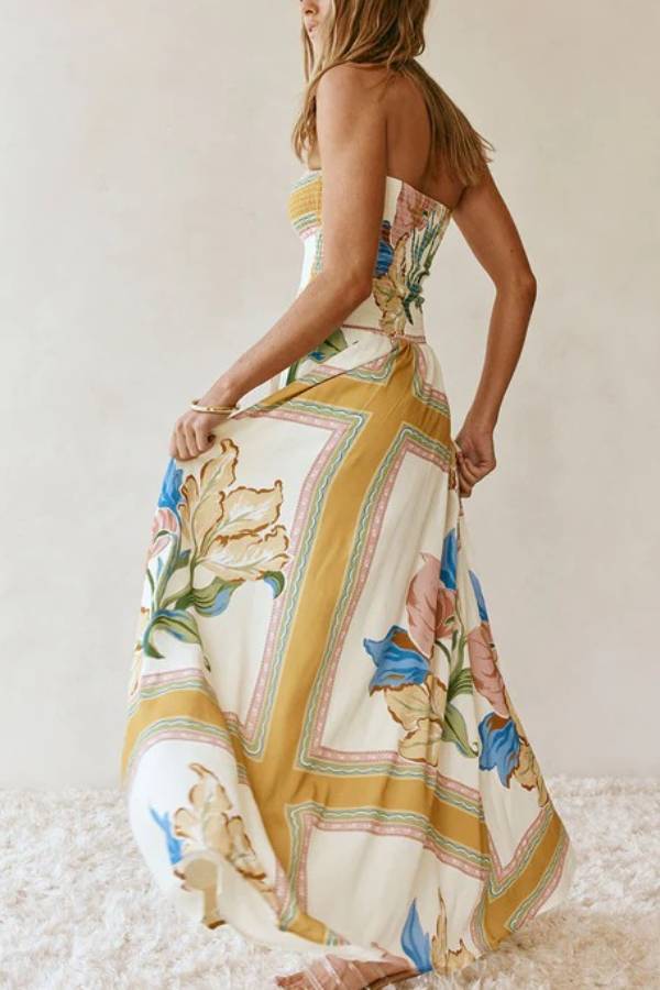 Schulterfreies, plissiertes Resort-Maxikleid aus Leinenmischung mit einzigartigem Druck 