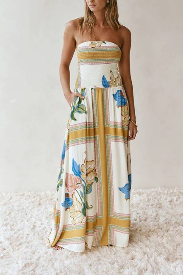 Schulterfreies, plissiertes Resort-Maxikleid aus Leinenmischung mit einzigartigem Druck 