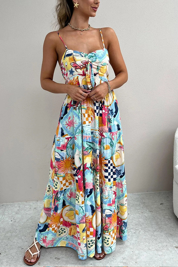 Radiant As Always Unique Print Front Tie-up Slip Maxi Dress Blue