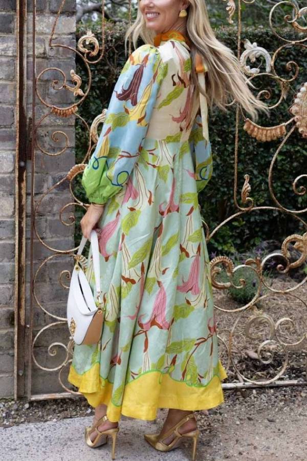 Unique Morning Glory Print Long Sleeve Midi Dress