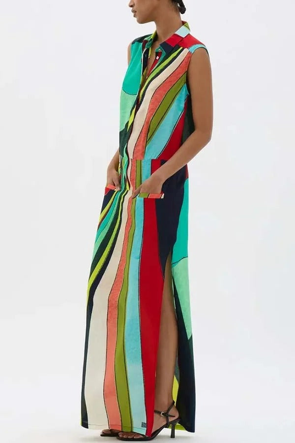Robe longue à imprimé coloré, audacieuse et élégante, boutonnée, avec poche et fente en H