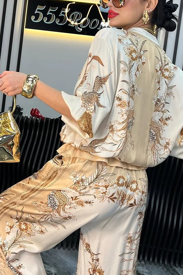 Unique Printed Casual Long-sleeved Loose Top and Elastic Waist Pocket Wide-leg Pants Set