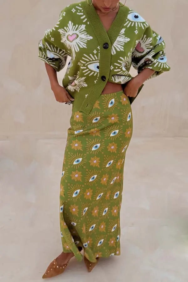 Mysterious Magic Knit Eye Heart Pattern Button Up Long Sleeve Loose Cardigan