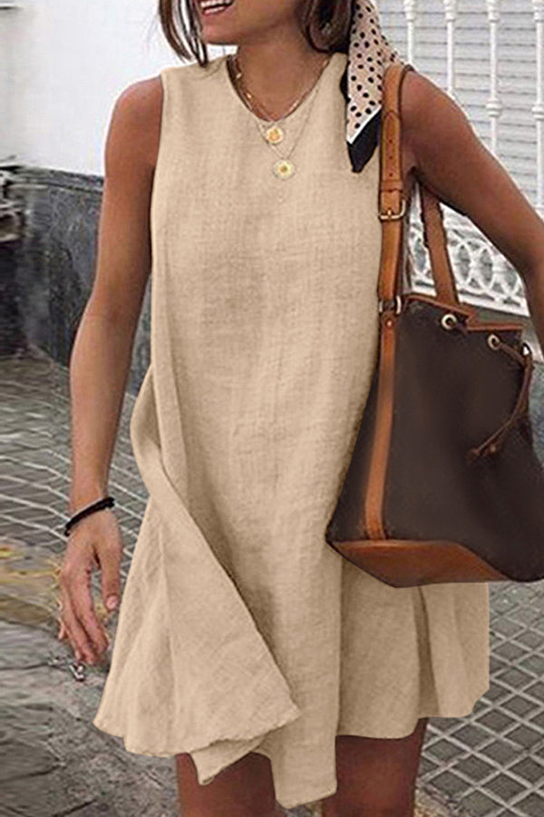 Round Neck Sleeveless Solid Cotton Linen Mini Dress Khaki