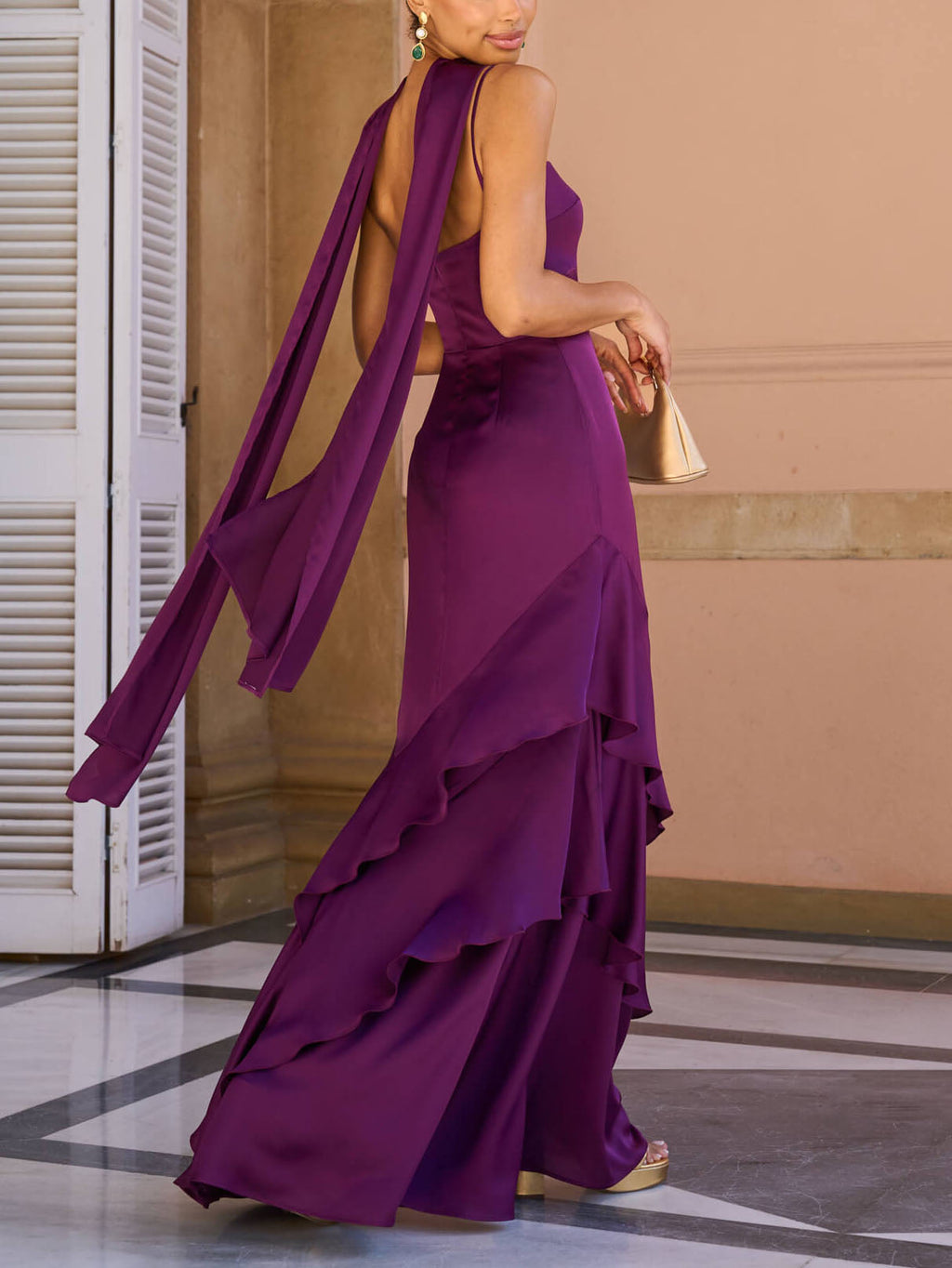 Elegant Satin Ruffled Layered Maxi Dress