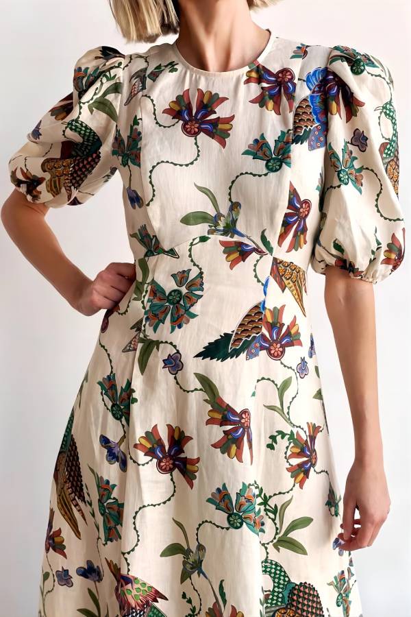 Vintage Floral & Bird Print Puff-Sleeve Waisted Midi Dress