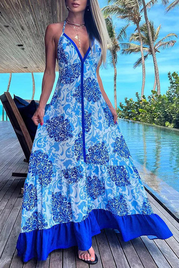 Fashion print V-tie dress Blue