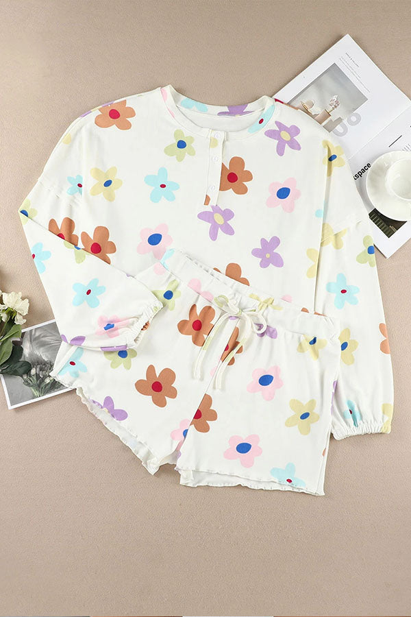 White Floral Print Henley Top & Drawstring Shorts Loungewear Set