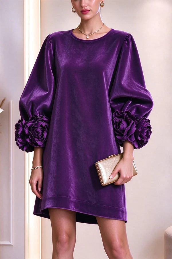 Rima Velvet Flowers Floral Cuffs Half Sleeve H-line Mini Dress