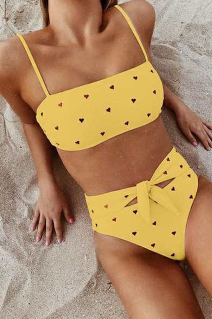 Heart-shaped Print Bandage Cutout Design Bikini Set (6 Colors) Yellow