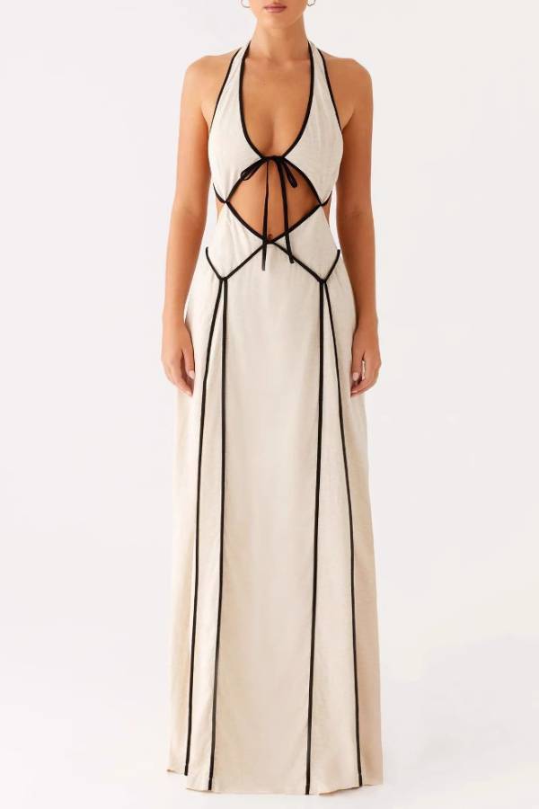 Halter Neck Deep V Contrast Trim Cutout Backless Maxi Dress