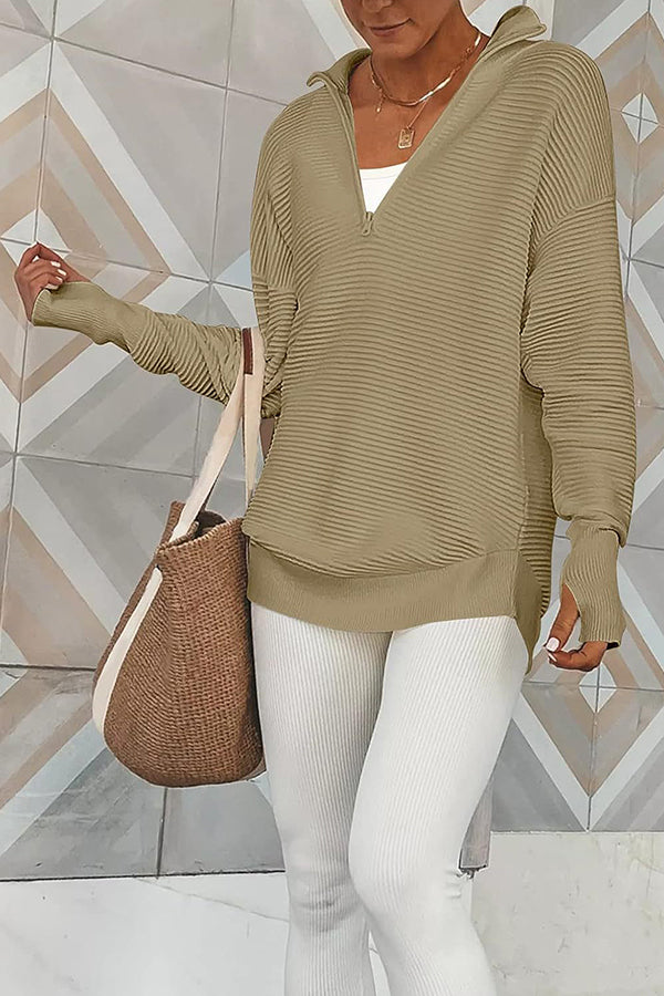Half-Zip V-Neck Relaxed Rib-Knit Sweater Khaki
