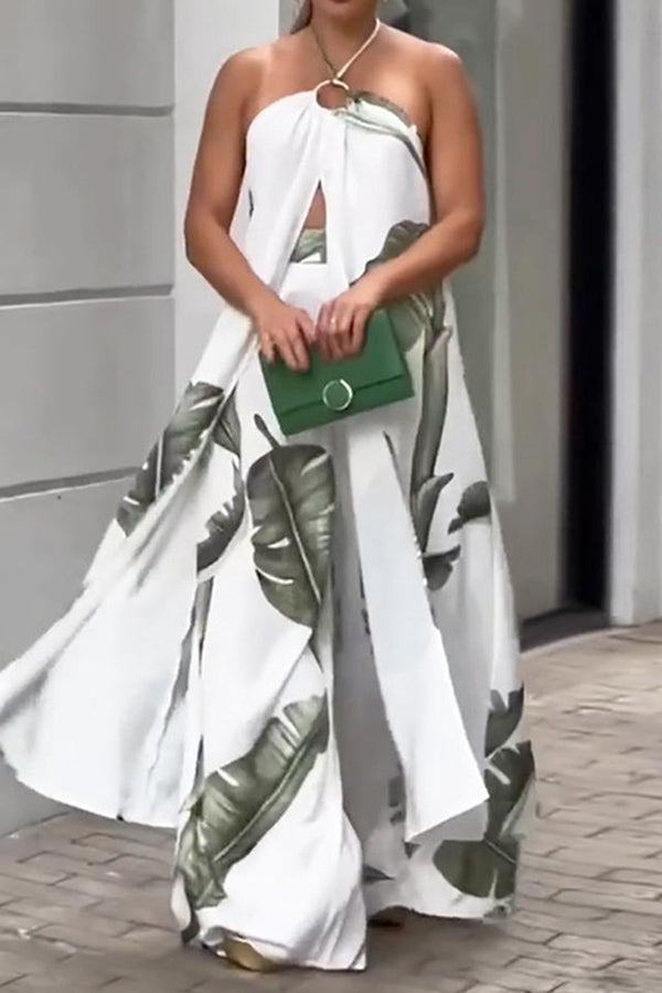 Printed Halter Neck Slit Top and Track Pants Two Piece Set