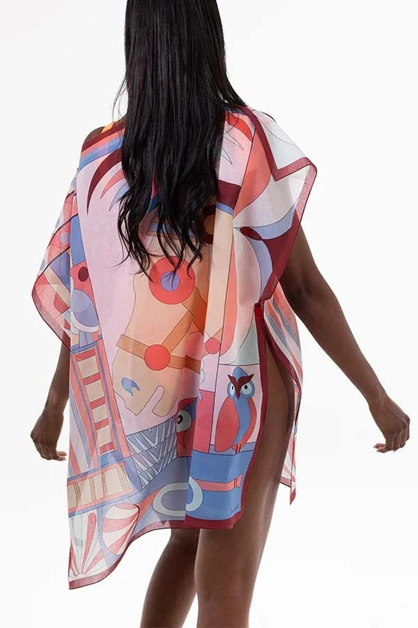 Horse Island – Lockeres Minikleid aus Tüll mit einzigartigem Print und One-Shoulder-Träger und Knopfdetail 
