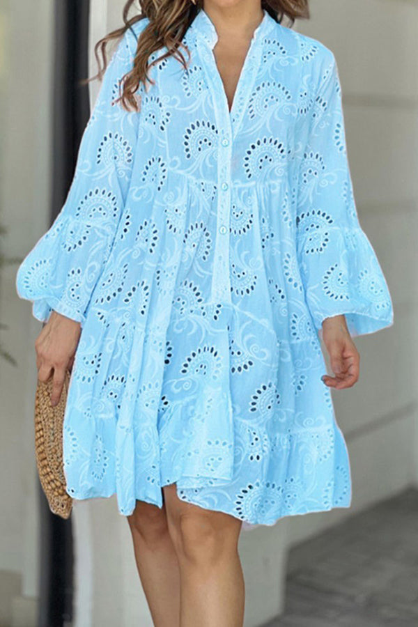 V Neck Embroidered Hollow Lace Flower Mini Dress Blue