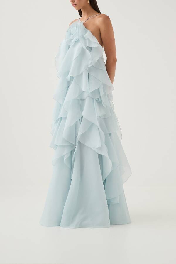 Free - Flowing Rose Detail Tiered Ruffles Halter A-line Maxi Dress