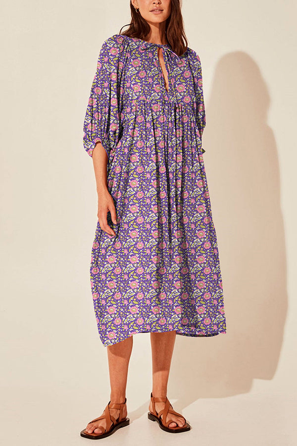 Lantern sleeve V-neck tie floral dress 3