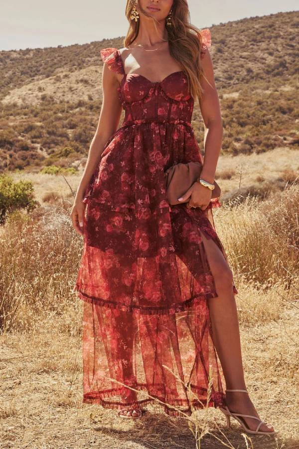 Reina – Gestuftes Maxikleid aus Netzstoff mit Blumenmuster