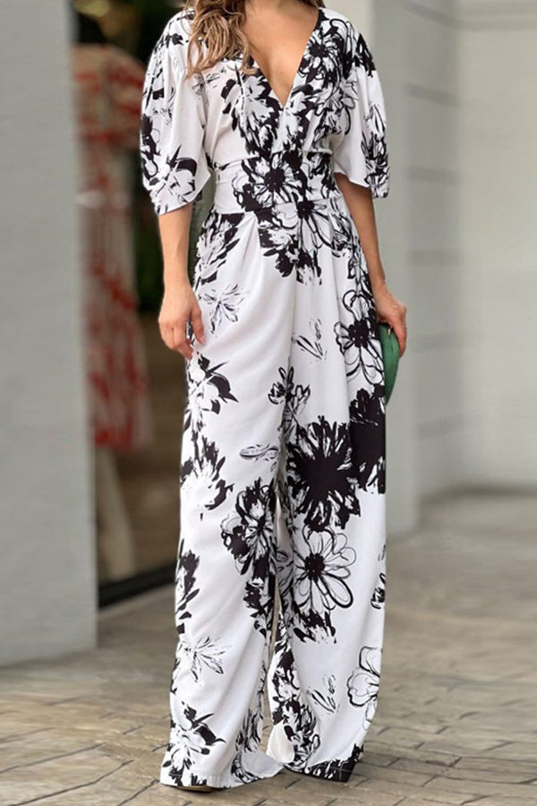 Dolman Sleeved Floral Print Stretch High Rise Maxi Jumpsuit