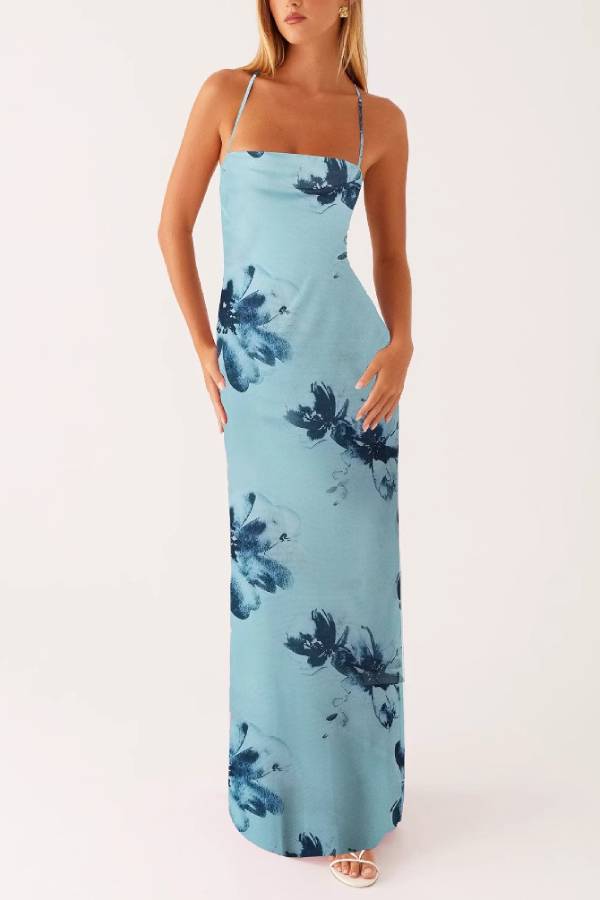Watercolor Floral Spaghetti Strap Waist-Cinched Maxi Dress