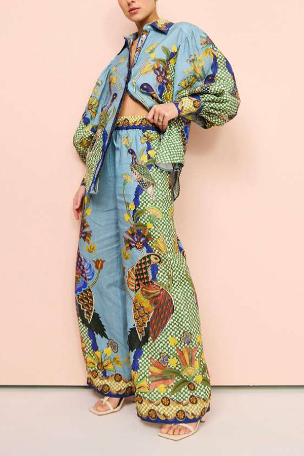 SUN SEEKING UNIQUE HEAVEN BIRD PRINT BALLOON SLEEVE BUTTON LOOSE SHIRT Blue