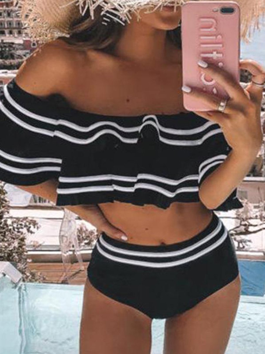 Ruffle Stripe Bikini Suit Two-piece Swimsuit Black