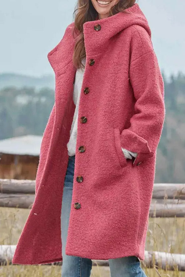 Casual Loose Solid Color Hooded Single-breasted Woolen Coat Pink