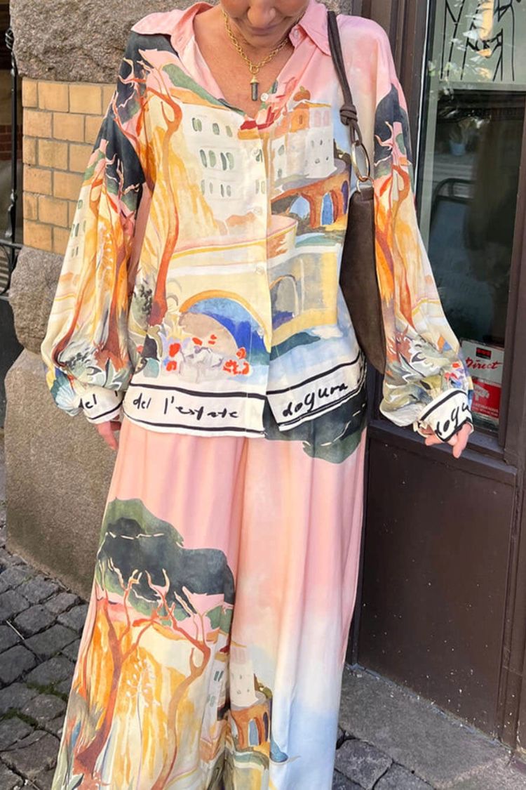 Ellison Unique Print Button Up Long Balloon Sleeve Loose Blouse