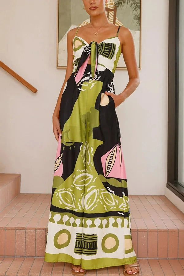 Unique Print Back Pleated Suspender Wide-leg Jumpsuit Multicolor